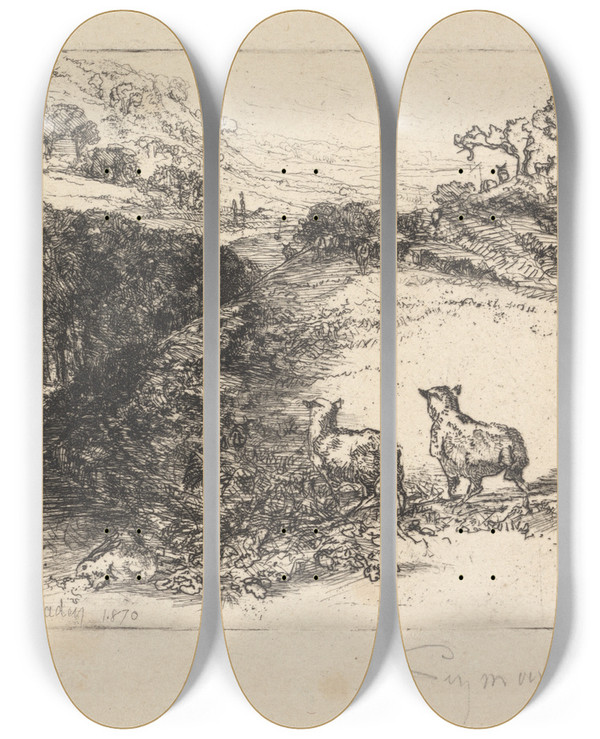 Triptych art skateboard deck of Francis Seymour Haden The Two Sheep by Francis Seymour Haden (1818-1910)