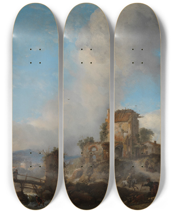 Triptych art skateboard deck of Philips Wouwerman The Stag Hunt by Philips Wouwerman (1619-1668)