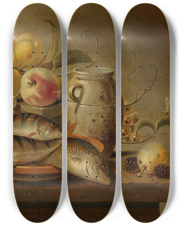 Triptych art skateboard deck of Harmen Steenwyck Still Life With Earthenware Jar Fish And Fruit by Harmen Steenwyck (1612-1656)