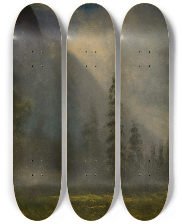 Triptych art skateboard deck of Albert Bierstadt Yosemite Valley by Albert Bierstadt (1830-1902)