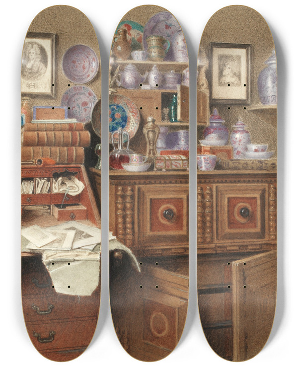 Triptych art skateboard deck of Benjamin Walter Spiers Worthless Old Knicknacks And Silly Old Books by Benjamin Walter Spiers (1845-1923)
