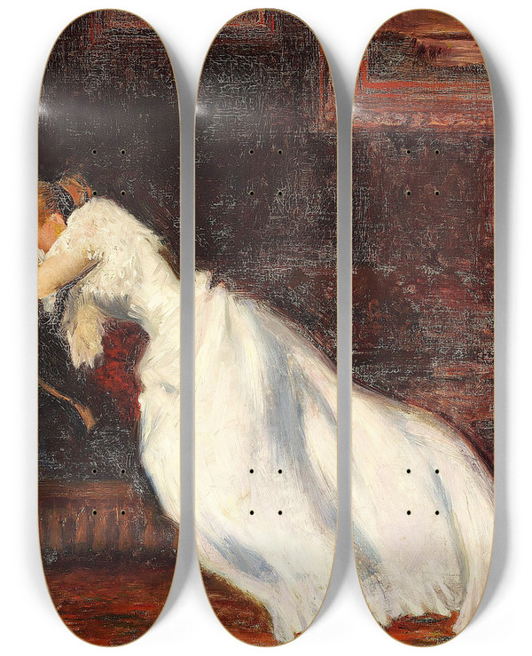 Triptych art skateboard deck of Carl Carlsen Interir Med Pige P En Sofa by Carl Carlsen (1855-1917)
