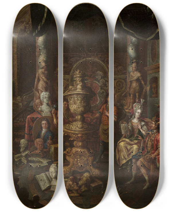 Triptych art skateboard deck of Johann Georg Platzer In The Painters Studio by Johann Georg Platzer (1704-1761)