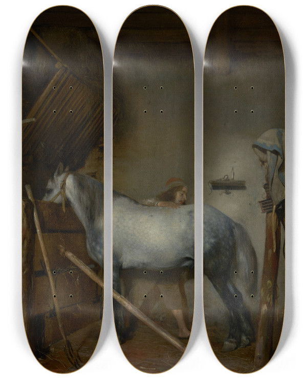 Triptych art skateboard deck of Gerard Ter Borch Horse Stable by Gerard Ter Borch (1617-1681)