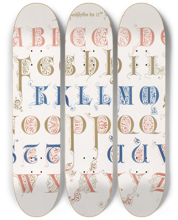 Triptych art skateboard deck of Bernhard Dondorf Dondorfs Alphabete Pl05 by Bernhard Dondorf (1833-1933)