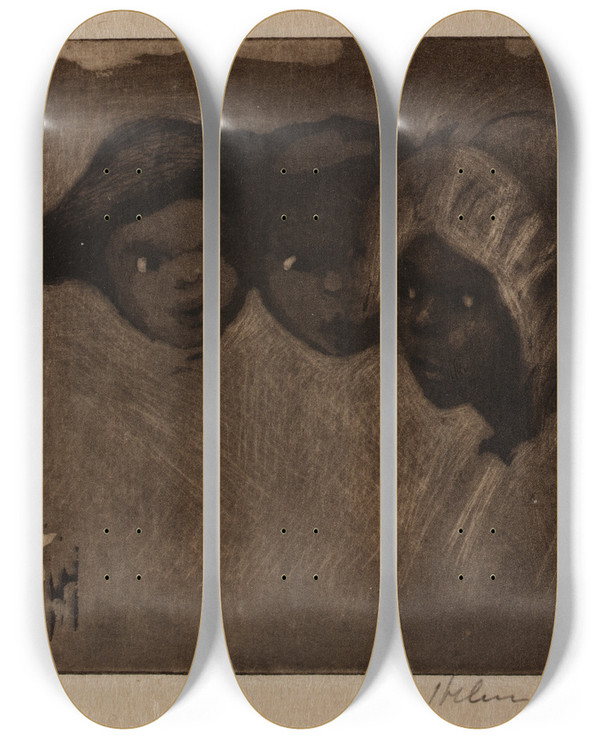 Triptych art skateboard deck of Helen Hyde The Goblins L Git Yer by Helen Hyde (1868-1919)