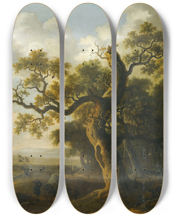 Triptych art skateboard deck of Barend Appelman Landscape With A Wagon Near An Oak Tree by Barend Appelman (1628-1686)