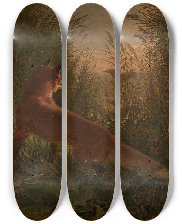 Triptych art skateboard deck of Siegwald Dahl A Fox by Siegwald Dahl (1827-1902)