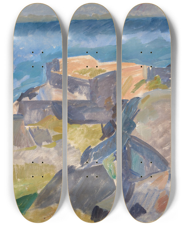 Triptych art skateboard deck of Edvard Weie Landscape From Christians by Edvard Weie (1879-1943)