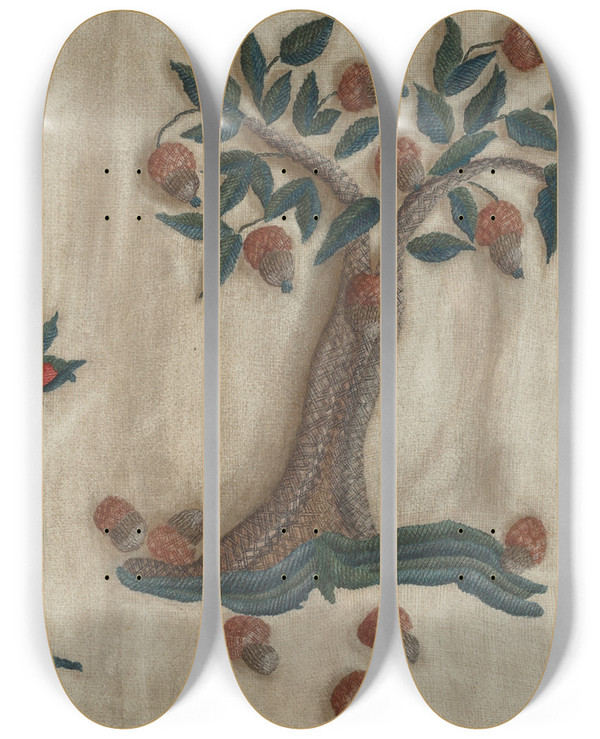 Triptych art skateboard deck of Mildred E Bent Embroidered Bed Hanging by Mildred E Bent