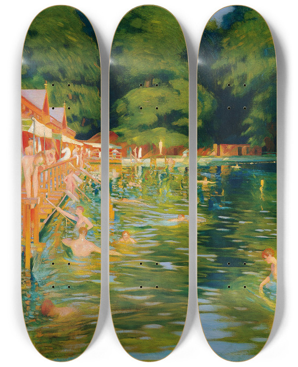 Triptych art skateboard deck of Ludwig Ferdinand Graf Schwimmbad by Ludwig Ferdinand Graf (1868-1932)