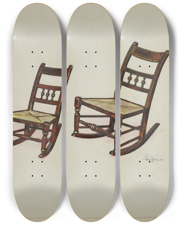Triptych art skateboard deck of Florence Truelson The Three Bears Chairs by Florence Truelson