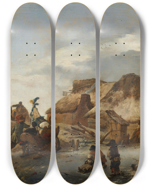 Triptych art skateboard deck of Philips Wouwerman A Noblemans Sleigh On The Ice by Philips Wouwerman (1619-1668)