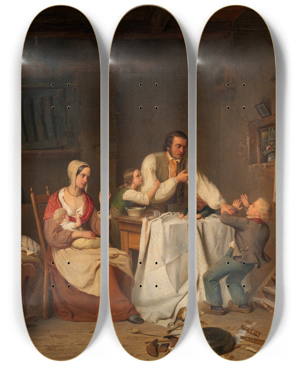 Triptych art skateboard deck of Heinrich Franz Gaudenz Von Rustige Unterbrochene Mahlzeit by Heinrich Franz Gaudenz von Rustige