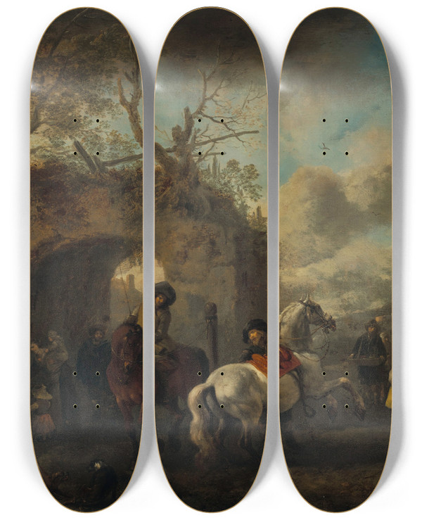 Triptych art skateboard deck of Philips Wouwerman The Riding School_3 by Philips Wouwerman (1619-1668)