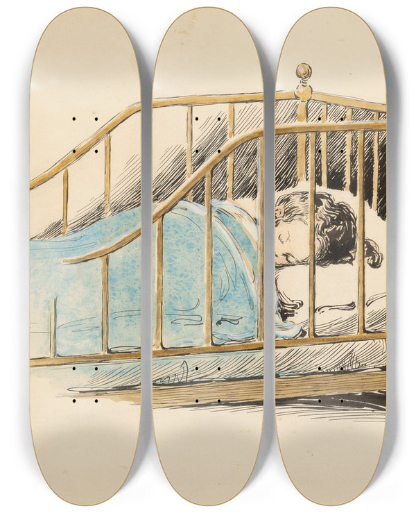 Triptych art skateboard deck of Jessie Willcox Smith Child Sleeping by Jessie Willcox Smith (1863-1935)
