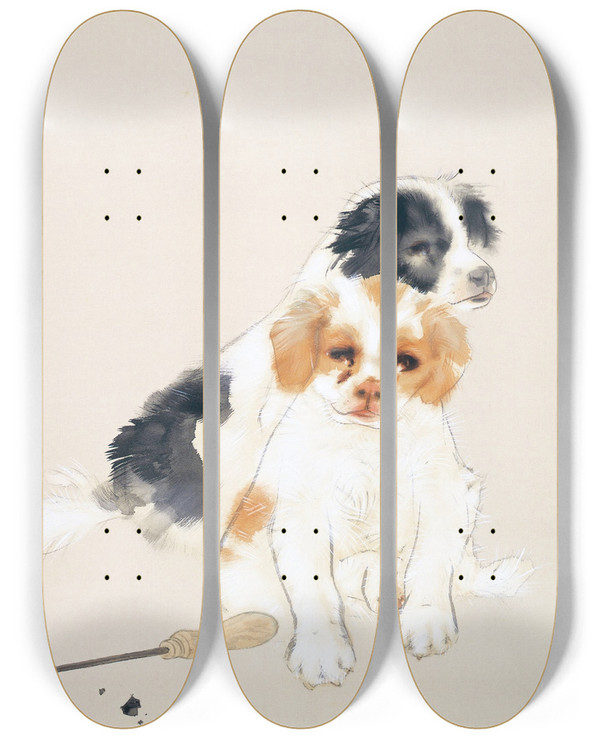Triptych art skateboard deck of Takeuchi Seih Fireside by Takeuchi Seiho (1864-1942)