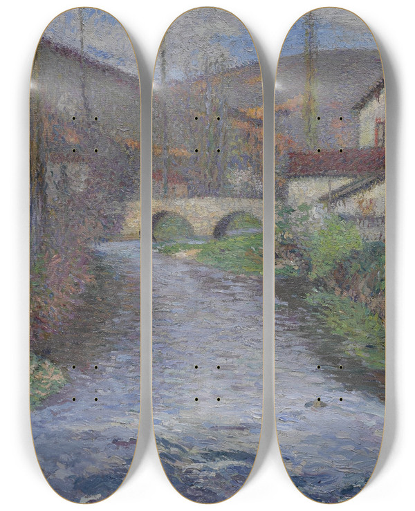 Triptych art skateboard deck of Henri Martin Lcole Et Le Pont Sur Le Vert Labastideduvert by Henri Martin (1860-1943)