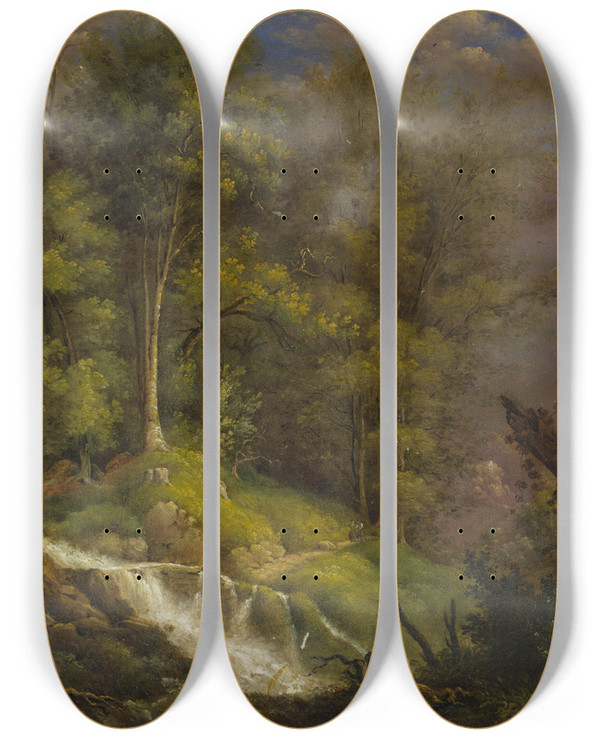 Triptych art skateboard deck of Isaak Frstenberger Forest Landscape With Waterfall by Isaak Furstenberger (1799-1828)