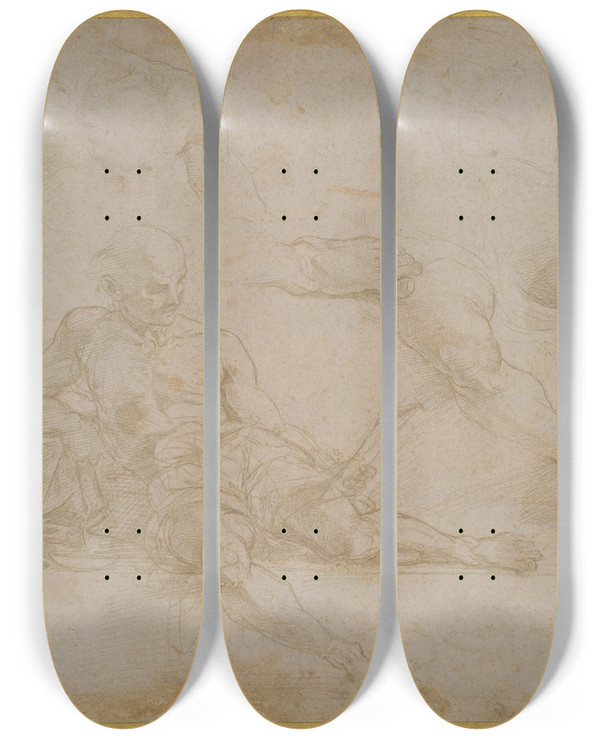Triptych art skateboard deck of Raphael Study Of Diogenes In The School Of Athens by Raphael (1483-1520)