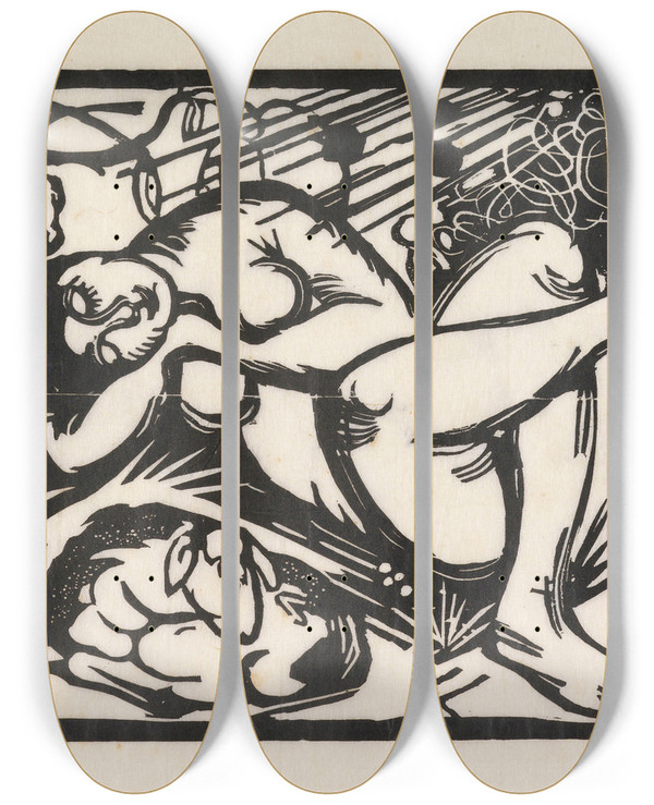 Triptych art skateboard deck of Franz Marc Schlafende Hirtin_1 by Franz Marc (1880-1916)
