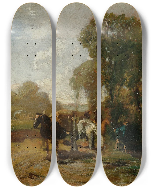 Triptych art skateboard deck of Hans Von Mares Halt An Der Trnke by Hans Von Marees (1837-1887)