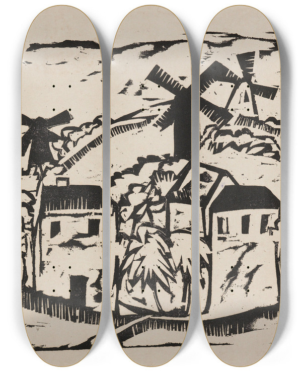Triptych art skateboard deck of Ernst Ludwig Kirchner Landschaft Mit Windmhlen by Ernst Ludwig Kirchner (1880-1938)