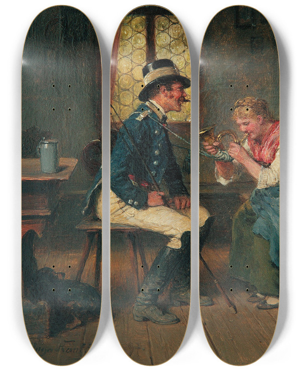 Triptych art skateboard deck of Hugo Kauffmann Mdel Mit Postillon by Hugo Kauffmann (1844-1915)