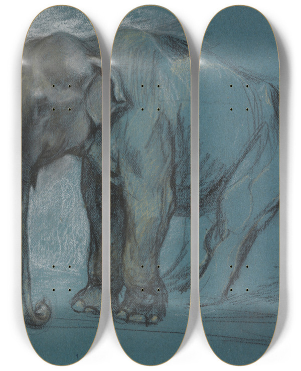 Triptych art skateboard deck of John Macallan Swan Study Of An Elephant by John Macallan Swan (1847-1910)