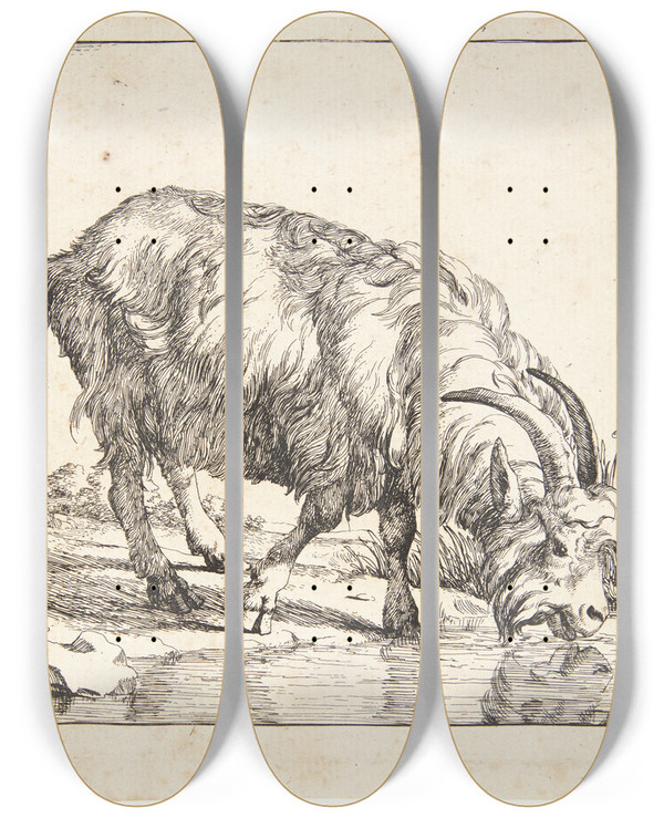 Triptych art skateboard deck of Marcus De Bye Drikkende Ged by Marcus de Bye (1638-1688)