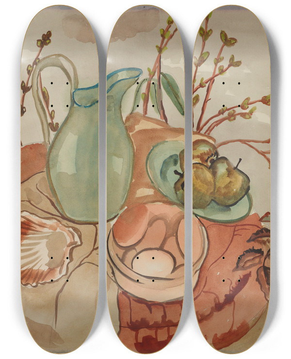Triptych art skateboard deck of Frances Hodgkins Still Life With Eggs And Willow by Frances Hodgkins (1869-1947)