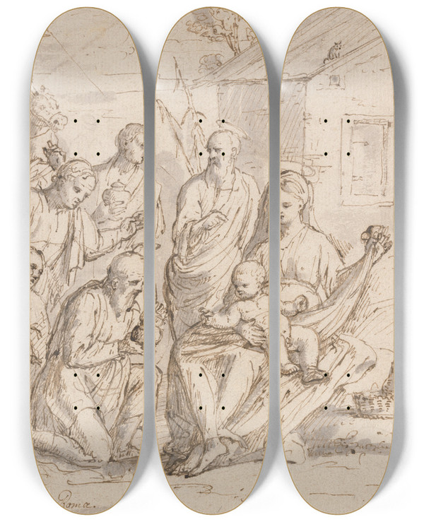 Triptych art skateboard deck of Hamlet Winstanley The Adoration by Hamlet Winstanley (1698-1756)