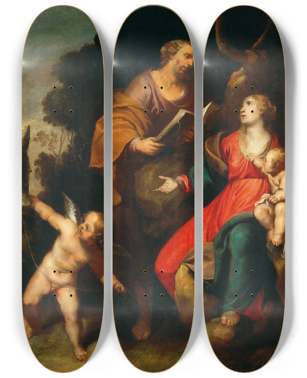 Triptych art skateboard deck of Anton Maria Vassallo The Rest On The Flight Into Egypt by Anton Maria Vassallo (1620-1664)