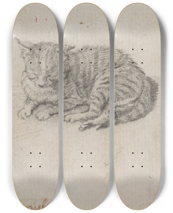 Triptych art skateboard deck of Jan Miel Study Of A Sleeping Cat by Jan Miel (1599-1664)