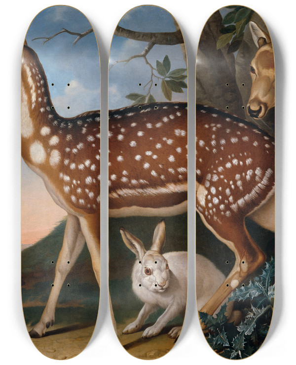 Triptych art skateboard deck of Philipp Ferdinand De Hamilton Damwild Steinbock Und Hase by Philipp Ferdinand De Hamilton (1664-1750)