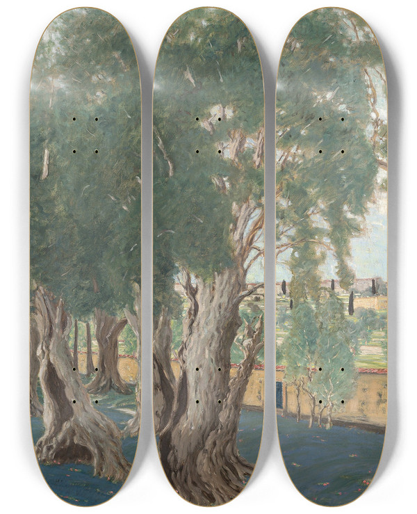 Triptych art skateboard deck of Benno Becker Olive Grove by Benno Becker (1860-1938)