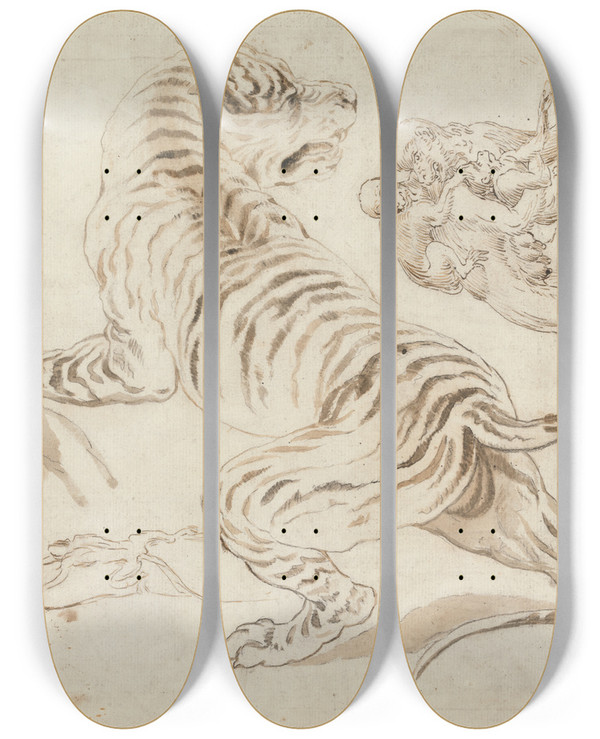 Triptych art skateboard deck of James Northcote Study For A Tiger And Monkeys by James Northcote (1746-1831)