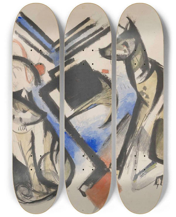Triptych art skateboard deck of Franz Marc Two Wolves by Franz Marc (1880-1916)