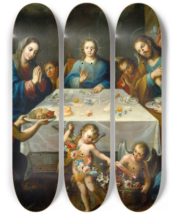 Triptych art skateboard deck of Jos De Alcbar The Blessing Of The Table by Jos de Alcbar (1725-1803)