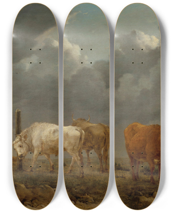 Triptych art skateboard deck of Karel Dujardin A Landscape With Cattle by Karel Dujardin (1622-1678)