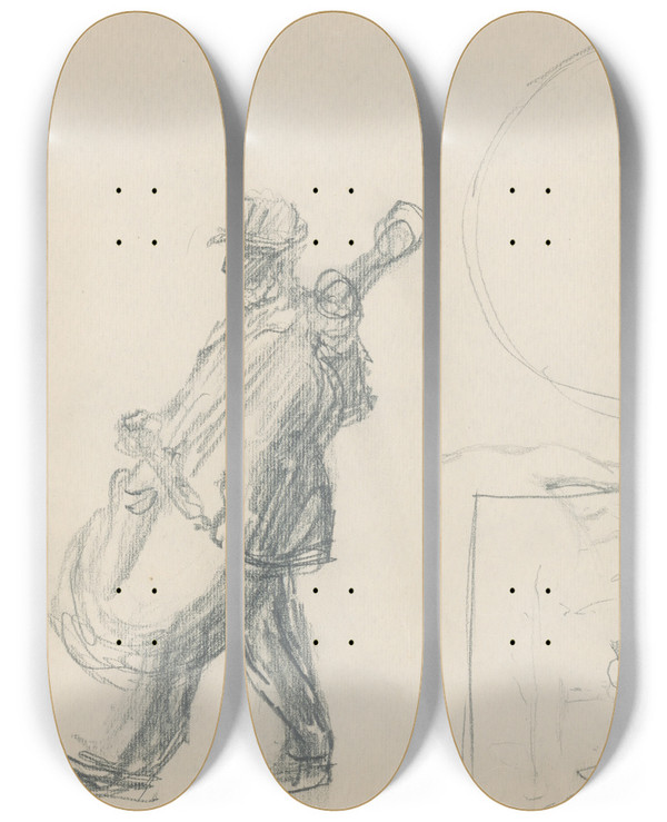 Triptych art skateboard deck of Gustv Mall Muzikant Ii by Gustav Mally (1879-1952)