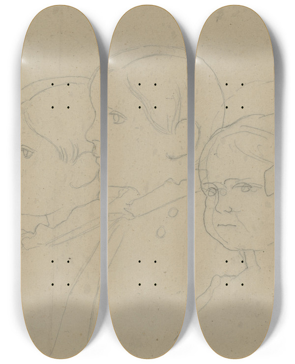 Triptych art skateboard deck of Jakob Becker Studienblatt Drei Jungenkpfe by Jakob Becker (1810-1872)