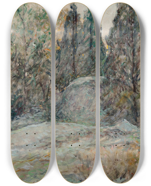 Triptych art skateboard deck of Robert Reid Red Cedars And Rocks by Robert Reid (1862-1929)