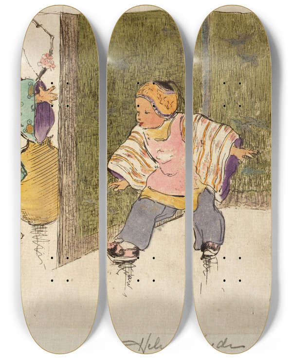 Triptych art skateboard deck of Helen Hyde Hide And Seek by Helen Hyde (1868-1919)