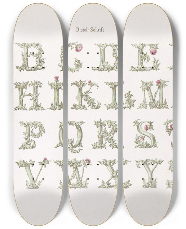 Triptych art skateboard deck of Bernhard Dondorf Dondorfs Alphabete Pl31 by Bernhard Dondorf (1833-1933)