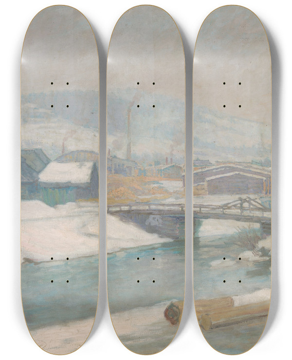 Triptych art skateboard deck of Elemr Halszhradil Margecany Mill by Elemir Halasz Hradil (1873-1948)