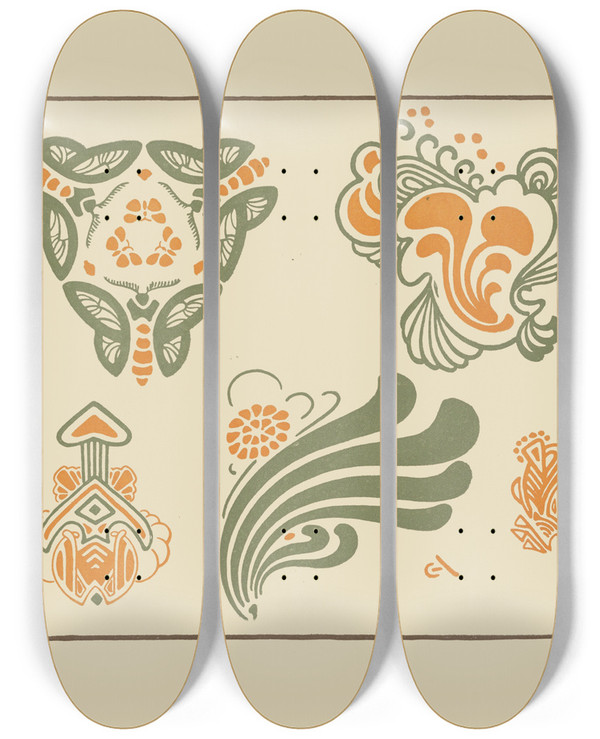 Triptych art skateboard deck of George Auriol Abstract Design Based On Leaves by George Auriol (1863-1938)