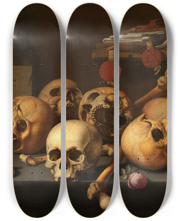 Triptych art skateboard deck of Aelbert Jansz Van Der Schoor Vanitas Still Life by Aelbert Jansz. van der Schoor (1603-1672)
