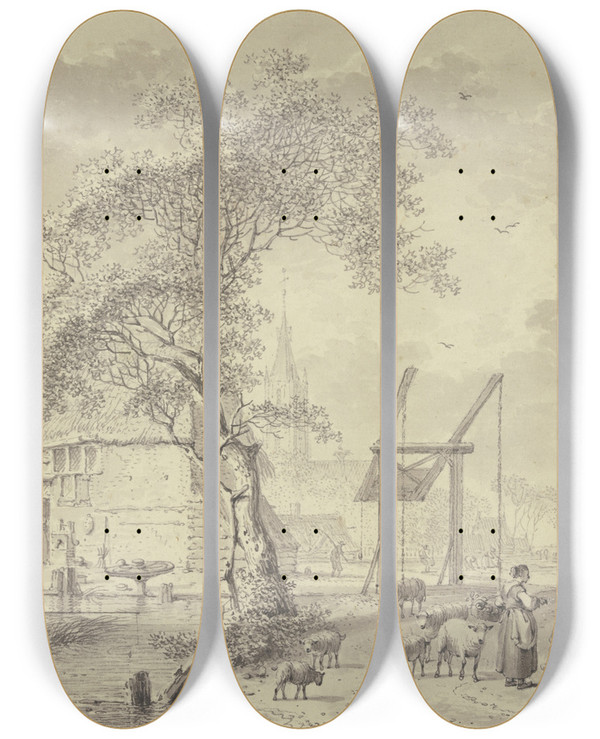 Triptych art skateboard deck of Hendrik Meyer Zugbrcke Ber Einen Kanal Schafhirte Im Vordergrund Der Hirte Liebkost Ein Mdchen by Hendrik Meyer (1744-1793)