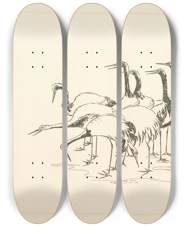 Triptych art skateboard deck of Flix Bracquemond Bande De Grues by Felix Bracquemond (1833-1914)